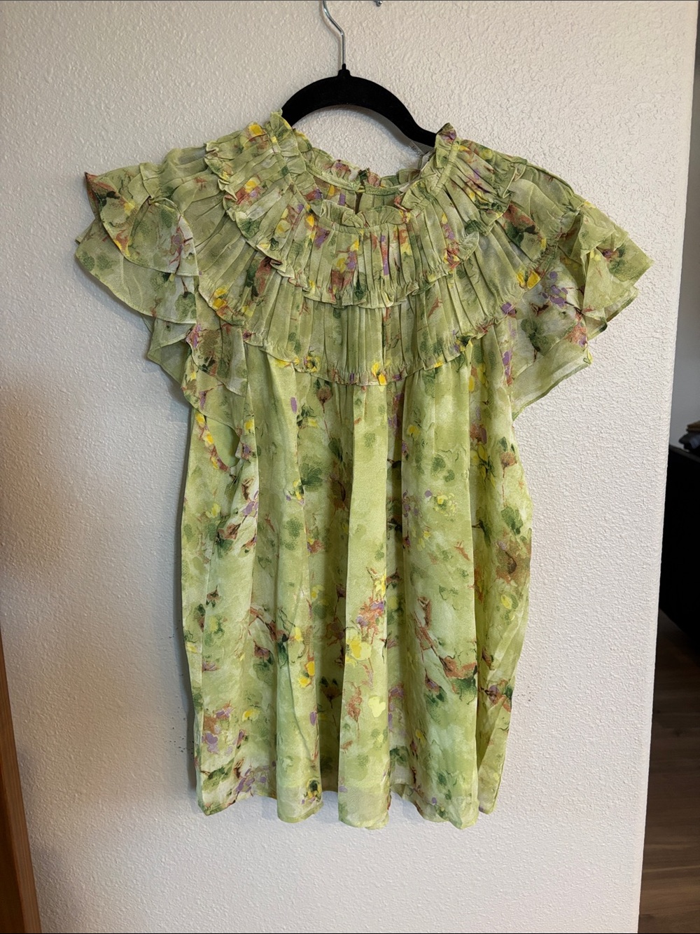 Entro Light Green Floral Ruffle Yoke Blouse